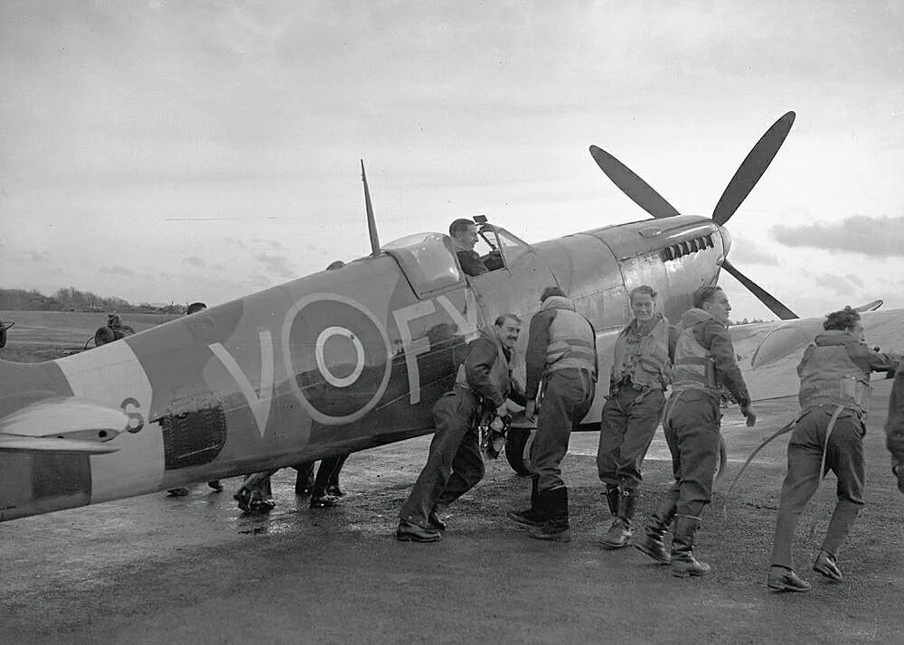 Supermarine Spitfire Mk IXb, 611 Squadron, serial number BS451 (partially obscured by horizontal stabilizers), FY-V.